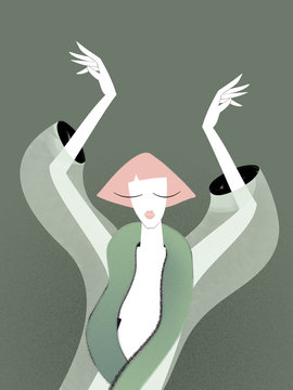 A sensual woman swings her arms up