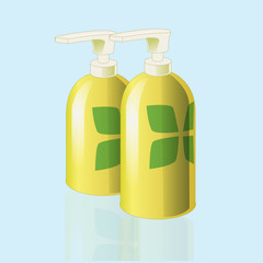 Realistic mockup cosmetic bottle with print, container. Dispenser for cream, soups, foams and other cosmetics. Vector illustration.