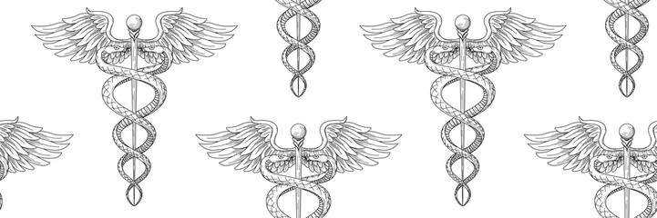 Seamless pattern of Cadeus Medical medecine pharmacy doctor acient symbol. Vector hand drawn black linear tho snakes with wings sword background. Greek retro culture hospital old element. Tile print