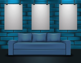 Sofa and three posters mockup. Home interior illustration