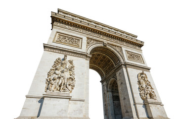 Fototapeta na wymiar Arch of triumph. Arc de Triomphe at the western end of the Champs Elysees road at center of Place Charles de Gaulle in Paris city of France. Isolated on white background and with copy space.