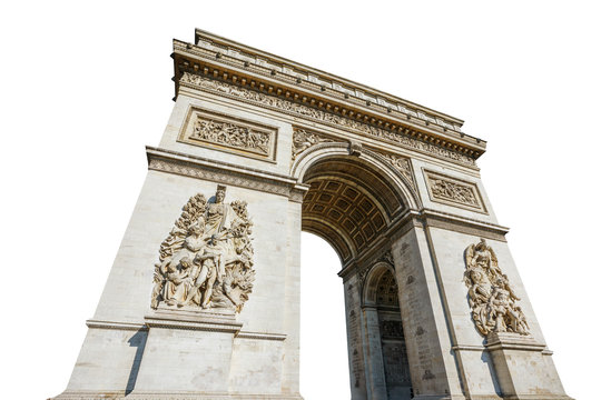 Fototapeta Arch of triumph. Arc de Triomphe at the western end of the Champs Elysees road at center of Place Charles de Gaulle in Paris city of France. Isolated on white background and with copy space.