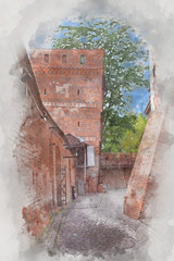 Leaning Tower, Torun, Poland, digital watercolor illustration
