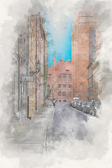Street in Old Town, Torun, Poland, digital watercolor illustration
