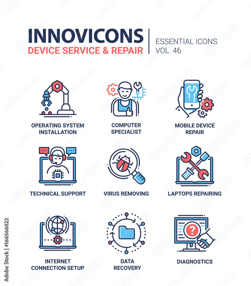 Poster device service - modern vector line design icons set.