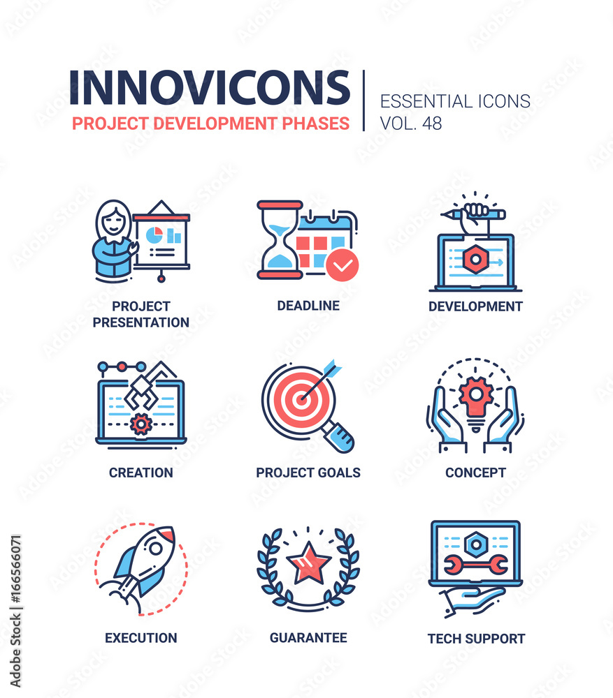 Poster project development phases - modern vector line icons set
