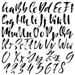 Hand drawn dry brush font. Modern brush lettering. Grunge style alphabet. Vector illustration.