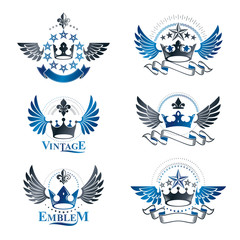 Ancient Crowns emblems set. Heraldic vector design elements collection. Retro style label, heraldry logo.