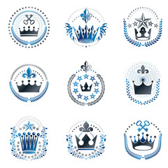 Imperial Crowns emblems set. Heraldic Coat of Arms, vintage vector logos collection.