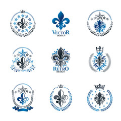 Royal symbols Lily Flowers emblems set. Heraldic vector design elements collection. Retro style label, heraldry logo.