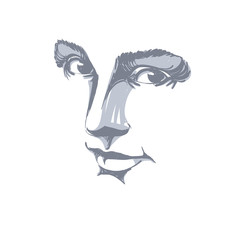Portrait of tender dreamy still woman, black and white vector drawing. Emotional expressions idea image, face features. Monochrome illustration.