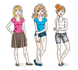 Attractive young adult girls standing wearing casual clothes. Vector people illustrations set. Fashion and lifestyle theme cartoons.