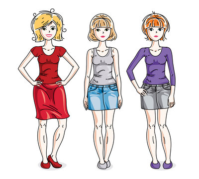 Attractive young adult girls standing in stylish casual clothes. Vector people illustrations set. Fashion and lifestyle theme cartoons.