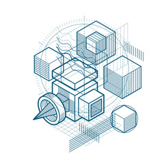Isometric abstraction with lines and different elements, vector abstract background. Composition of cubes, hexagons, squares, rectangles and different abstract elements.