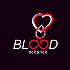 Blood donation inscription isolated on white and created with vector red blood drops, heart shape and infinity symbol. Medical theme graphic logo for use in charitable organizations.