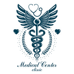 Aesculapius vector abstract business logo for use in medical treatment. Cardiovascular system diseases prevention conceptual emblem.