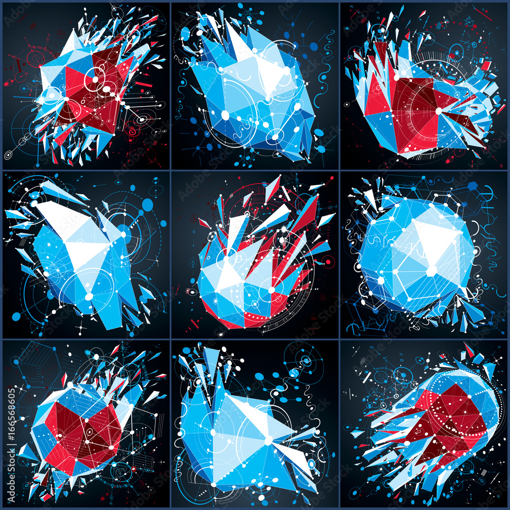 Poster set of technology 3d vector drawings with low poly demolished geometric objects and wireframe, techn