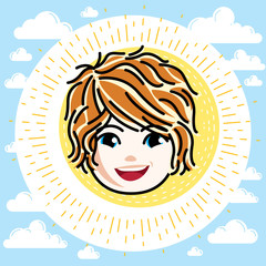 Caucasian type girl face expressing positive emotions, vector human head illustration. Beautiful redhead happy child with stylish haircut.