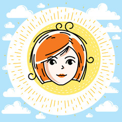 Woman face, human head. Vector character, beautiful red-haired female with stylish haircut.