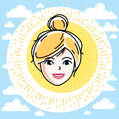Woman face, human head. Vector character, beautiful blonde female with stylish haircut.