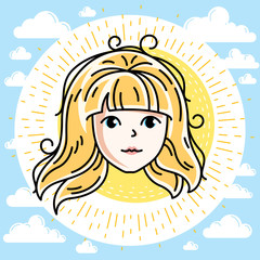Woman face, human head. Vector character, beautiful blonde female portrait with stylish haircut.
