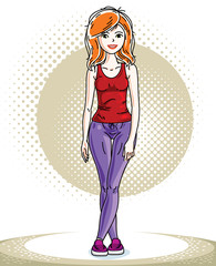 Young beautiful red-haired sporty woman standing. Vector character wearing leggings and T-shirt. Sport and fitness theme.