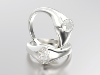 3D illustration two white gold or silver diamonds rings with reflection