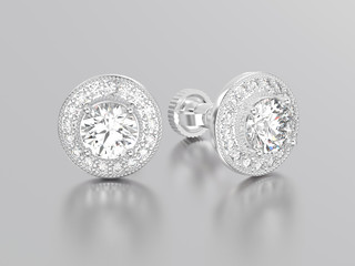 3D illustration two white gold or silver diamonds earrings with reflection