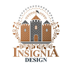Naklejka premium Ancient Fortress emblem. Heraldic Coat of Arms, vintage vector logo. Antique logotype in old style on isolated white background.