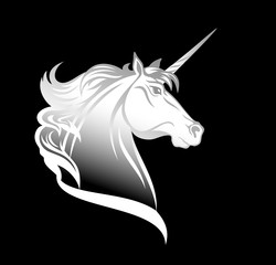 white unicorn horse head profile on black vector design