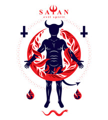 Vector graphic illustration of strong horned wicked male, body silhouette surrounded by a fireball. Demonic infernal creature, Baphomet.