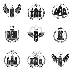 Ancient Fortresses emblems set. Heraldic Coat of Arms, vintage vector logos collection.