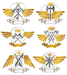 Vintage Weapon Emblems set. Heraldic coat of arms decorative emblems collection.
