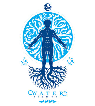 Vector illustration of athletic man made with tree roots and surrounded with water bubbles, element of water. Environment conservation metaphor.