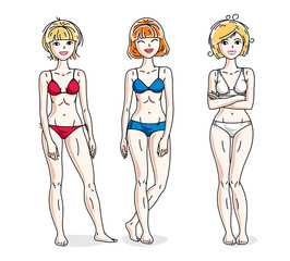 Young beautiful women posing in colorful bikini. Vector set of beautiful people illustrations. Slim female with perfect body.