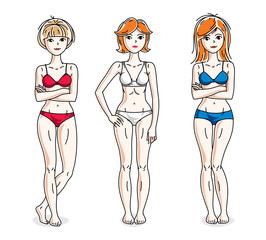Attractive young women group standing wearing colorful bikini. Vector people illustrations set.