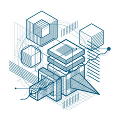 Abstract vector background with isometric lines and shapes. Cubes, hexagons, squares, rectangles and different abstract elements.