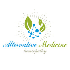 Green leaves composed with molecule model symbol. Living in harmony with nature concept, green health idea logo. The impact of homeopathy on pharmacology and scientific research.