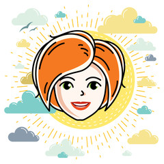 Vector illustration of beautiful red-haired female face, positive face features, clipart.