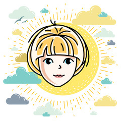 Beautiful women face, human head. Vector character, attractive blonde lady face features.