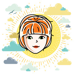Beautiful women face, human head. Vector character, attractive redhead lady face features.
