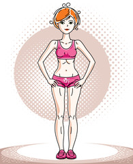 Young beautiful redhead athletic woman posing. Vector illustration of attractive female wearing pink shorts.  Active and healthy lifestyle theme cartoon.