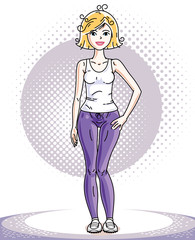 Young beautiful blonde slim woman adult standing. Vector illustration of nice lady wearing leggings and T-shirt. Work out and training theme.