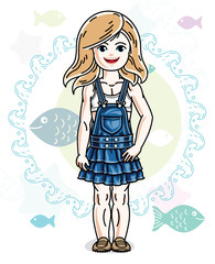 Little blonde girl cute child toddler in casual clothes standing on marine backdrop with ocean and fishes. Vector pretty human illustration.