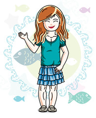 Little redhead girl toddler standing in fashionable casual clothes. Vector kid illustration. Sea fauna theme.
