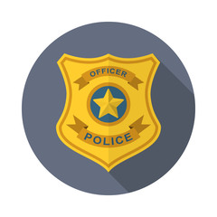 Police badge in flat style with long shadow, isolated web icon