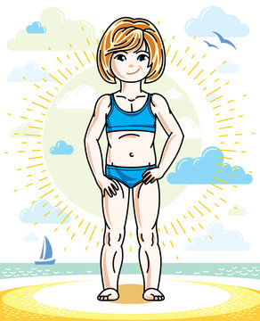 Little redhead girl cute child toddler standing on beach in colorful swimsuit. Vector pretty nice human illustration. Summertime and vacation theme.