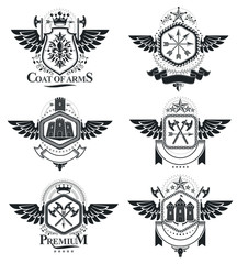 Vintage heraldry design templates, vector emblems. Collection of symbols in vintage style.