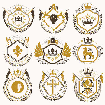 Set of vector vintage elements, heraldry labels stylized in retro design. Symbolic illustrations collection composed with medieval strongholds, monarch crowns, crosses and armory.