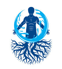 Vector graphic illustration of muscular human, individual created with tree roots and surrounded by a water ball. Human water reserves metaphor.